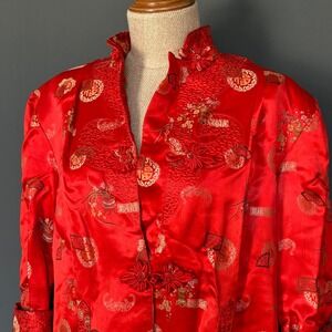 Vintage 1950s Chinese Cheongsam Kimono Robe Duster | Sz M/L | Red Mandarin RARE